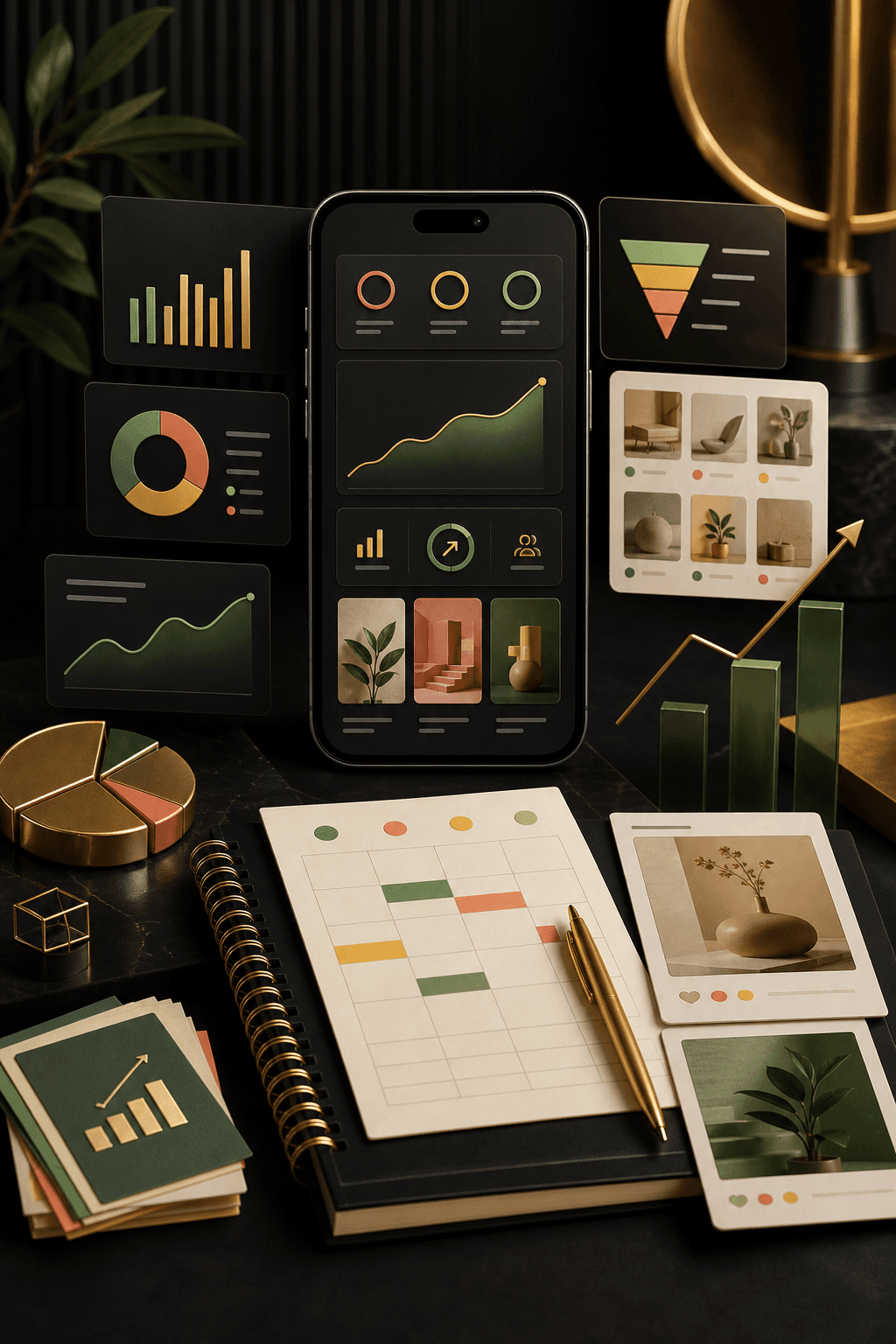 Premium Instagram growth playbook setup with creator analytics and content planning visuals